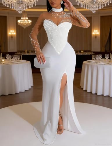 Image of WOKANSE Women's Formal Dresses Mock Neck Sexy Mesh See Through Long Sleeve High Slit Sparkly Rhinestone Prom Dress