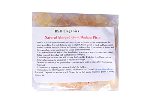BSD Organics Natural Almond Gum/Badam Pisin/Badam Gum/Gondh Katira for ice cream, milk shakes, Jigarthanda, Body coolant, Natural Jelly,Tasty & delicious drink,and more-200 grams