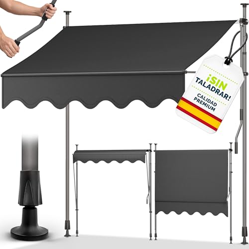 tillvex Toldo Manual portátil de balcón Patio | Toldo Ajustable con manivela para balcón | Parasol Resistente a UVA y Regulable en Altura | Protección Solar estanca a Agua (150cm, Antracita)