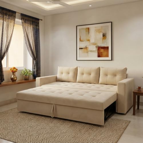Image of FURNY Tressa 3 Seater Fabric Pull-Out Sofa Cum Bed Function (Cream) | Luxury Velvet Suede Finish | Durable Comfort Sofa Bed for Modern Living Room & Office Spaces
