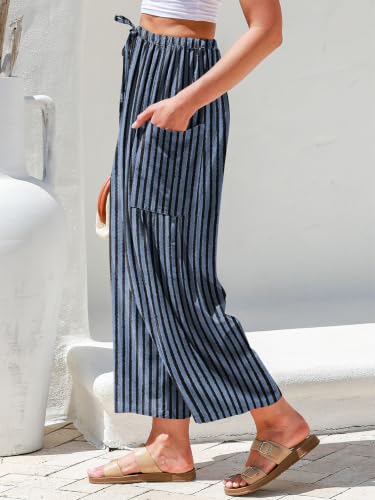 Image of TARSE Womens Wide Leg Striped Linen Pants with Pocket