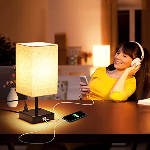 3 Way Dimmable Touch Control Table Lamp, Modern Bedside Desk Lamp with 2 Fast USB Charging Ports 2 AC Outlets, Nightstand Lamp for Bedroom Living Room Office, 60W LED Bulb Included, Black Base - Thumbnail 3