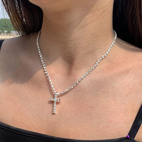 Gangel Silver Vertical Cross Tennis Necklace Glittering Chain Simple Fashion Pendant Exquisite Choker Jewelry with Rhinestone for Women (Pack of 1)3
