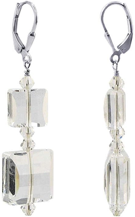 .925 Sterling Silver Drop Earrings with Square Multifaceted Austrian Crystals
