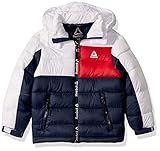 Reebok Boys' Big Active Hooded Bubble Jacket, Classic Navy/White/Red, 10/12