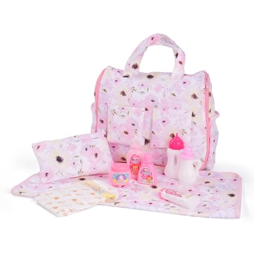 BABESIDE 10 Pcs Baby Doll Diaper Bag Set, Reborn Baby Doll Accessories Set with 2-in-1 Diaper Bag Changing Pad and Baby Dolls Bath Set for Kids Pretend Play Toys, Pink