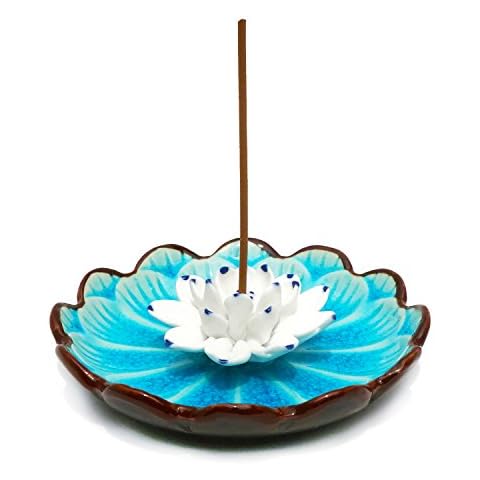 Incense Stick Burner Holder - Porcelain Decorative Flower Incense Burner Bowl - Ceramic Incense Cone Ash Catcher Tray Cover