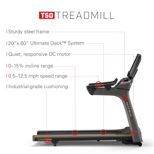 Image of Matrix Fitness T50 Treadmill with XUR | 22 inch Touchscreen (WiFi+BT+HDMI) | Club-Quality Treadmill for Running, 5K & Marathon | Heavy-Duty Frame, Extra-Thick 20 inchx60 inch Deck, Industrial Cushioning