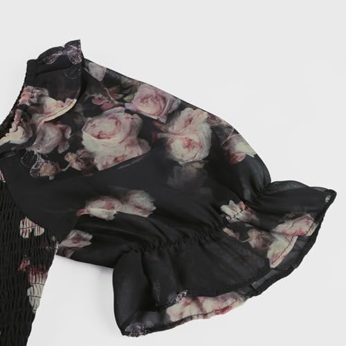 Image of Scarlet Darkness Floral Dress for Women Summer Puff Sleeve Square Neck A Line Flowy Wedding Guest Tea Party Dresses
