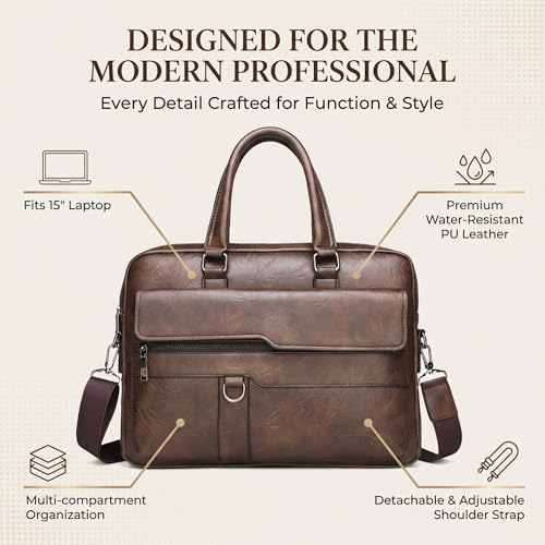 Image of Men's Leather Laptop Bag 15 IN, Water-Resistant Briefcase Messenger Bag for Work, Business, Shoulder Crossbody Office Satchel