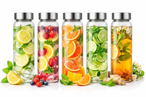 Image of Vasukie Glass Water Bottles, Glass Fridge Water Bottle with Steel Cap, Wide mouth Leak proof & detox water bottle glass, water bottle for fridge, fridge bottle set of 6-750 ML (6 BOTTLE)
