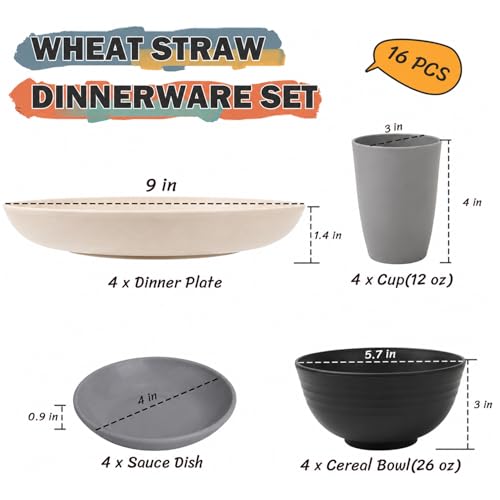 Image of Wheat Straw Dinnerware Sets 16 PCS - Unbreakable Kids Plates and Bowls Sets for 4,Dishwasher & Microwave Safe Modern Lightweight Toddler Plates and Bowls Set for RV,Travel,Camping - Grey Stone