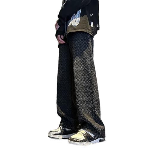 Men Hombre Jacquard Pattern Denim Pants Male Straight Fitting Baggy Bottoms Distressed Wide Jeans