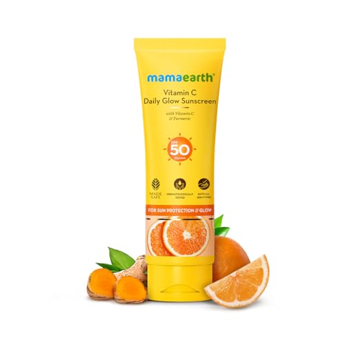 Image of Mamaearth Vitamin C Daily Glow Sunscreen with Vitamin C & Turmeric for Toxin free Sun Protection - 125g | SPF 50 & PA++++ | Vitamin C for Glow | Turmeric Detans | In-Vivo Tested | Natural Goodness | Quick Absorbing