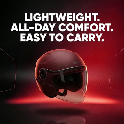 Image of Xtrac Ace ISI Certified Open Face Helmet for Men & Women | Half Face Bike Helmet with Scratch-Resistant Clear Visor | Lightweight ABS Shell | Quick Release Buckle | Wine Red - L