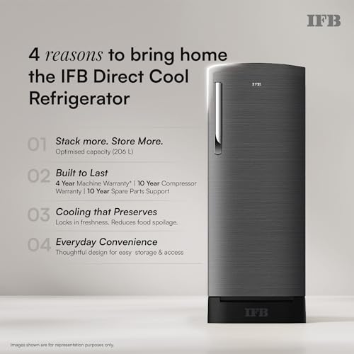 Image of IFB 206L 5 Star Advanced Inverter Direct-Cool Single Door Refrigerator with 30 Hrs Cooling Retention, Big Vegetable Box, 4 Year Super Warranty & Base Stand (2026, IFBDC-232EYOSED, Onyx Grey)