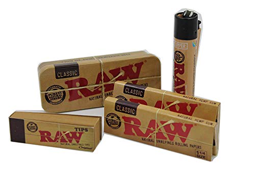 Bundle - 5 Items - Raw- 2 1 1/4 Rolling Papers,1 1/4 Tin, 1 Raw Clipper Lighter, 1 Raw Tip