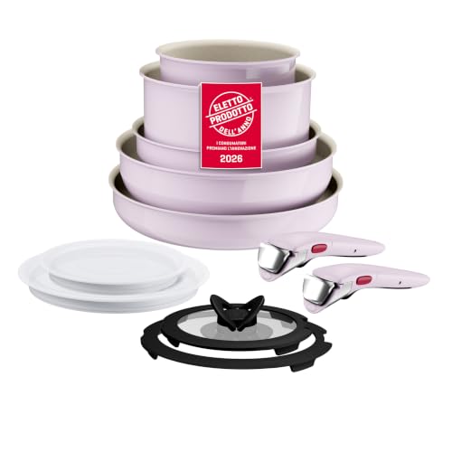Lagostina Ingenio Pastel, Set di Padelle Antiaderenti 11 Pezzi con Manico Rimovibile, Compatibili con Induzione e Forno, Design Salvaspazio, Colore Rosa