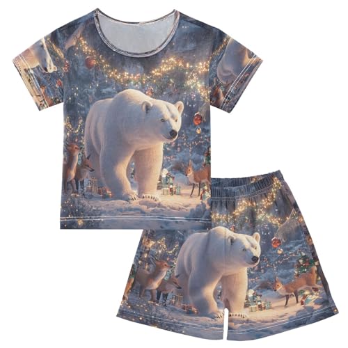 ALAZA Bear Fox Snow Winter Pajamas Set Short Sleeve Cotton Sleepwear Summer Pjs 2 Piece 5-14Y