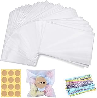 Cellophane Bags 100 Pcs 4x6 inch, Tikplus Small Plastic Gift Bags with Ties and Stickers, Clear Treat food Bags for Cookies,Cake,Candy Wrapping Sweet Bags
