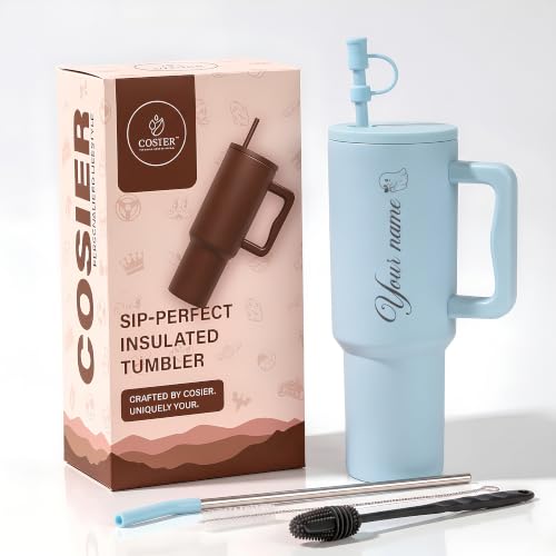 Image of Personalised 1200ml Insulated Stainless Steel Tumbler with Handle and Straw Lid - Large Travel Mug for Coffee & Water, Double Wall Vacuum Cup, Car Cupholder Friendly (Cloud Blue)