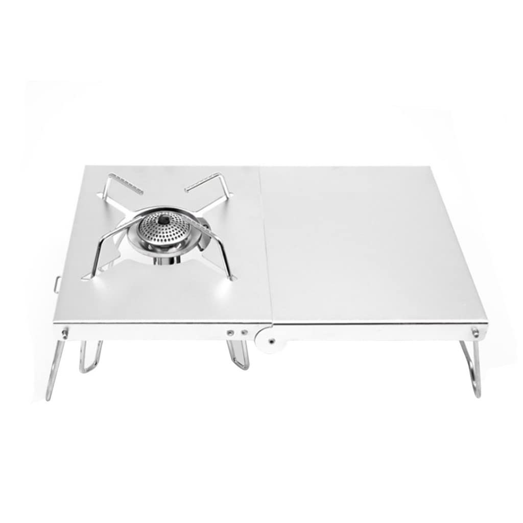 Table de camping pliable avec bouclier thermique argenté pour réchaud à gaz
