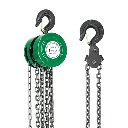 Palan à chaîne manuel avec crochet robuste STANEW, hauteur de levage 6,0 m, vert,Double-Chaîne de Charge,G80, Crochet de levage avec sécurité (2 Tonne 6,0 m)