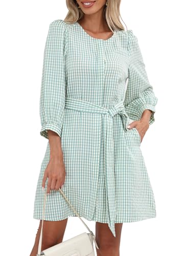 Image of Ladyful Gingham Shirt Dress for Women Summer Crewneck 3 /4 Sleeve Button Down Dress Tie Waist Plaid Short Dresses