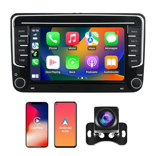 Radio de Coche para Volkswagen Seat Golf Passat Jetta Beetle Tiguan Touran EOS 7 Pulgadas Pantalla táctil Bluetooth Radio con Apple CarPlay Android Auto GPS Navegación WiFi FM