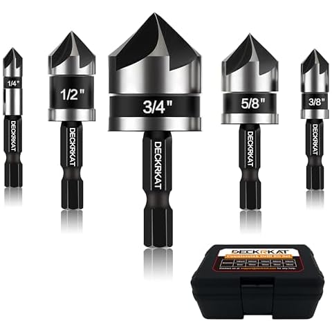 5 Pcs Countersink Drill Bit Set, 82 Degree, 5Flute with 1/4” Quick Change Hex Shank, Sizes 1/4” to 3/4” for Metal, Wood & Plastic, Ideal for Carpentry, Metalwork, Plastic Fabrication Cover