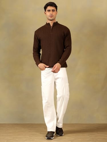 Image of Kvetoo Men's Full Sleeve High Neck Zipper Sweater| Warm Cable Knit Quarter Zip Pullover | Wool Winter Sweater for Casual & Office Wear