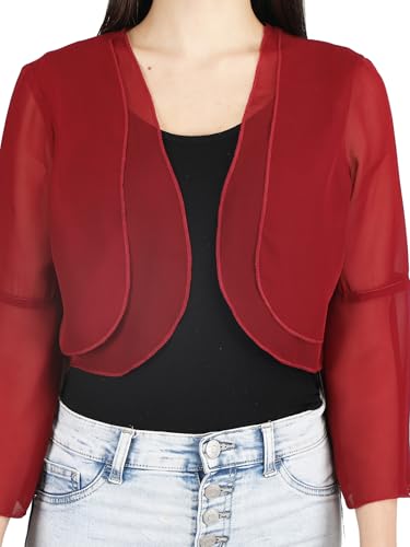 Image of AOL Women's Cropped Layered Lightweight Sheer Three-Fourth Bell Sleeves Georgette Open Neck Shrug Bolero