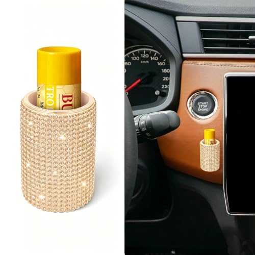 Image of Upright Car Chapstick Holder, Bling Insulating Lip Balm Holder,Rhinestone Car Accessories for Women Interior ,Suitable for Most Vehicles. (Champagne Gold)