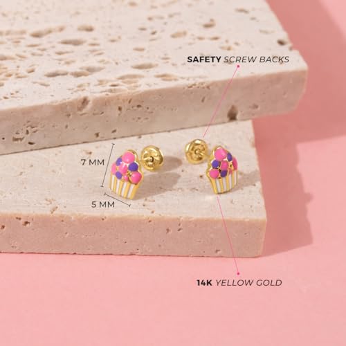 14k Yellow Gold Colorful Enamel Cupcake Screw Back Earrings for Toddlers & Young Girls - Multicolor Fun & Fashionable Screw Backs for Children & Kids4