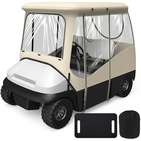 KAKIT Golf Cart Enclosure for Club Car Precedent, 800D Oxford with Dual-Sided Zipper and 4-Sided Clear Windows, Waterproof Portable Golf Cart Rain Cover 2 Passenger, (Beige & Black) Cover
