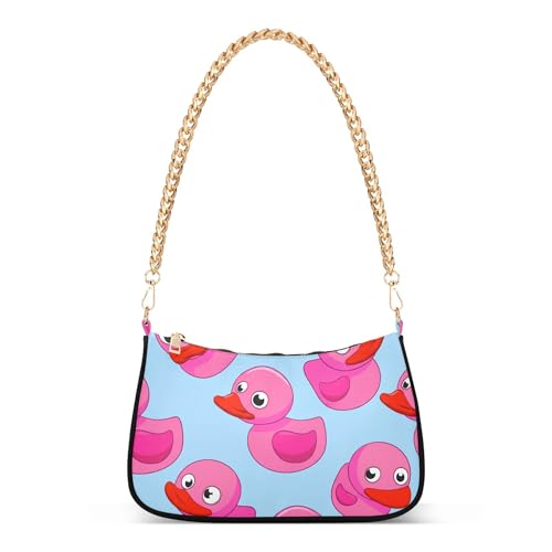 Cute Pink Cartoon Ducks Blue Clutch Handbags Womens Lady One Shoulder Bag Zipper Hobo Evening Purse with Chain Strap