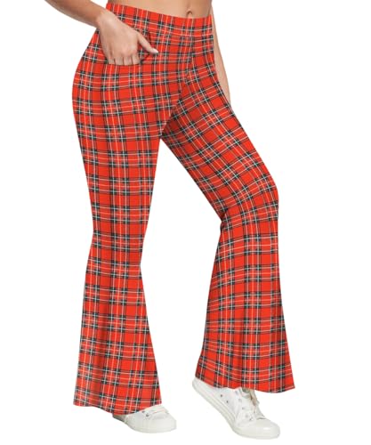 RITERA Plus Size Wide Leg Pant Bell Botton Floor Length Plaid Print Checkered Elastic Waist Size Pocket Palazzo Casual Bell Bottom Trousers 3XL 22W 24W