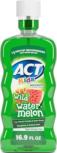 Image of ACT Kids Anticavity Fluoride Rinse Wild Watermelon 16.9 fl. oz. Accurate Dosing Cup, Alcohol Free | Sugar free and alcohol free mouth rinse for children, strengthens teeth, reduces occurrence of cavities, maximum OTC fluoride