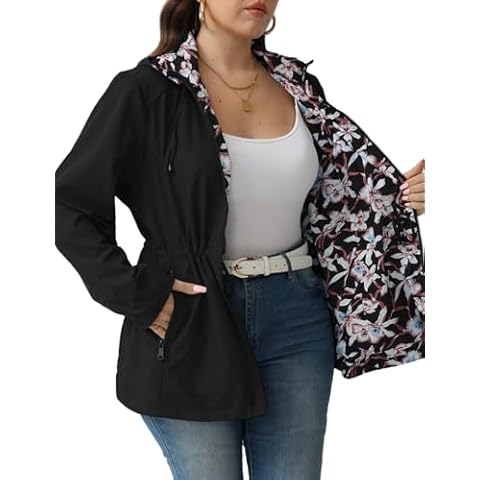Geschallino Women's Casual Reversible Coat Plus Size Floral Print Windbreaker Lightweight Jacket with Hood 6132APLUS Black 2X Cover