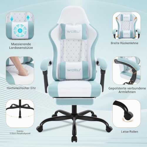 WOLTU Gaming Stuhl,Massagefunktion,Feder-Sitzkissen,Weiß+Blau – Ansicht 3
