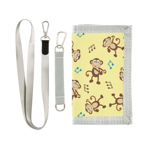 JHKKU Monkey Music Notes Kids Wallet for Boys Girls, Teen Canvas Trifold Purse with Zipper Coin Pocket