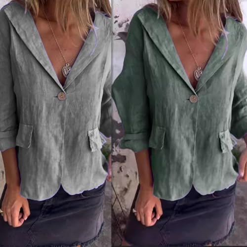 2025 New Cotton and Linen Casual Lapel Single-Button Thin Coat Summer, 3/4 Sleeve Loose Linen Blazer Women4