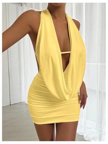 Image of SOLY HUX Women's Sexy Deep V Neck Halter Bodycon Mini Dress Sleeveless Party Club Dresses