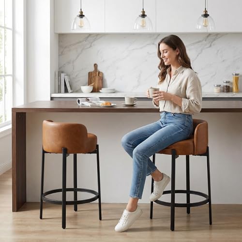Image of LukeAlon Modern PU Leather Counter Height Stools Set of 2, Upholstered 26 inch Seat Height Barstools with Black Metal Legs Round Low Back Kitchen Stools with Footrest for Dining Room Small Places, Brown