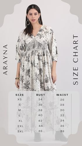 Image of Arayna Women's Casual Long Maxi Dress for Summer Wear, Urban Bohemian Floral Printed V Neck Smocked Outfit