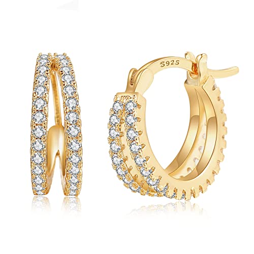 Boucles d'oreilles Créoles Huggie Dorées pour Femme avec CZ Plaqué Or 14K Poteau en Argent S925 Délicat Boucles d'oreilles Huggie Split Hoop Petit Boucles d'oreilles Créoles Dorées Epaisses Cover