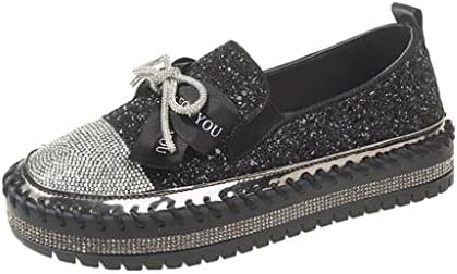 Women's Fashion Glitter Slip On Sneakers Rhinestone Bling Platform Walking Shoes Cute Bowknot Sequin Shiny Loafers (Black, Adult, Women, Numeric_10_Point_5, Numeric, us_Footwear_Size_System, Medium)