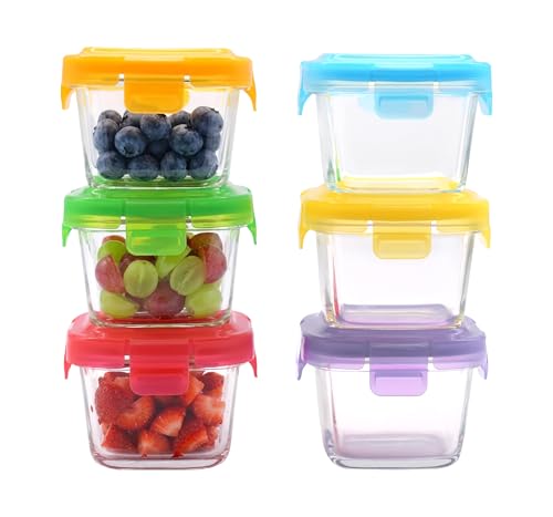ARSUK Small Glass Food Containers with Lids (6 Pack, 150ml) - Leakproof, Airtight, Square Mini Glass Jars - Stackable Snack Storage Bowls for Lunch, Meal Prep - Freezable & Dishwasher Safe