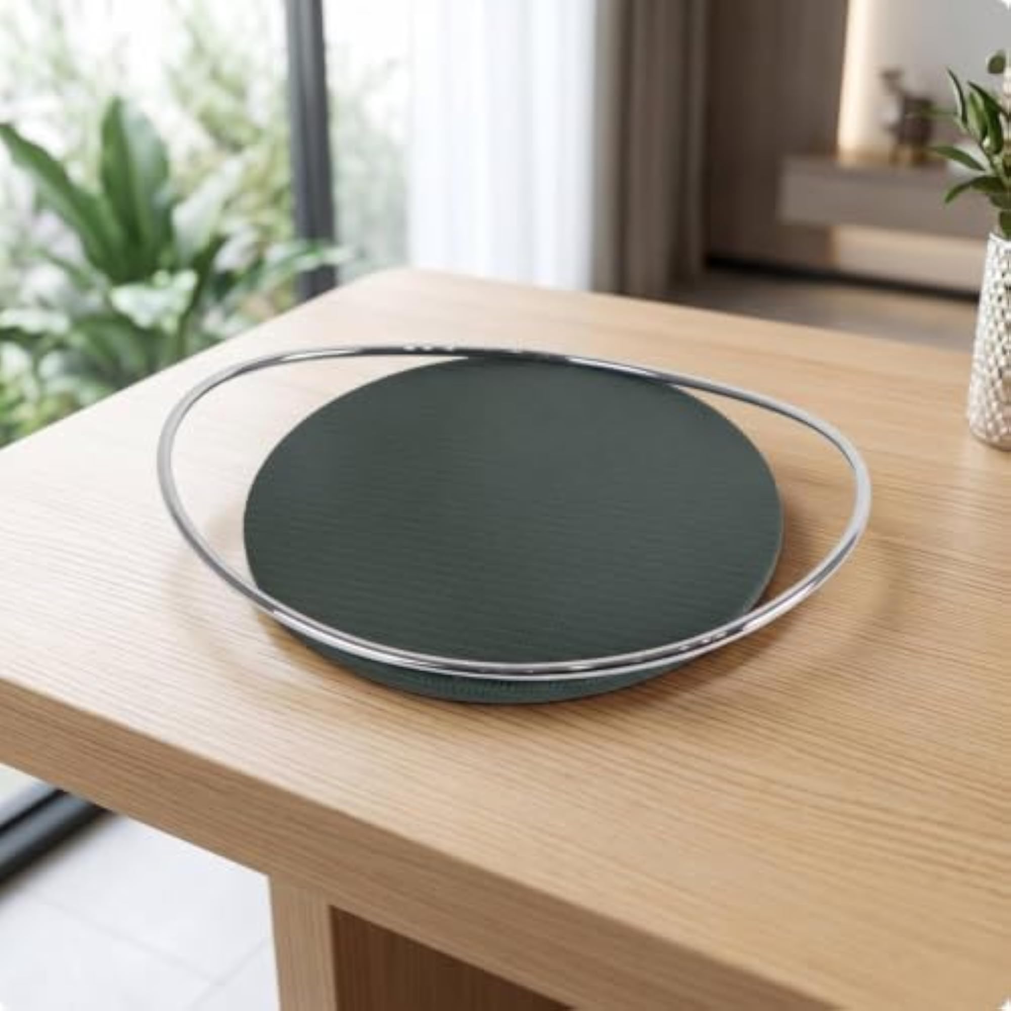 Oval Metal Tray with Open Handle Frame, Beige Leather Gold