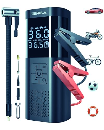 Image of TEMOLA Car Jump Starter with Air Compressor, 12V Portable Jump Box, 150PSI Auto-Shutoff Tire Inflator, Car Jumper Starter Portable with Smart Jumper Cables & LCD Display, for Gas Diesel Engines